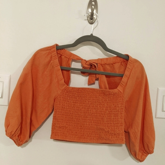 Nasty Gal orange linen cropped shirred balloon sleeve blouse with tie back - Picture 1 of 3